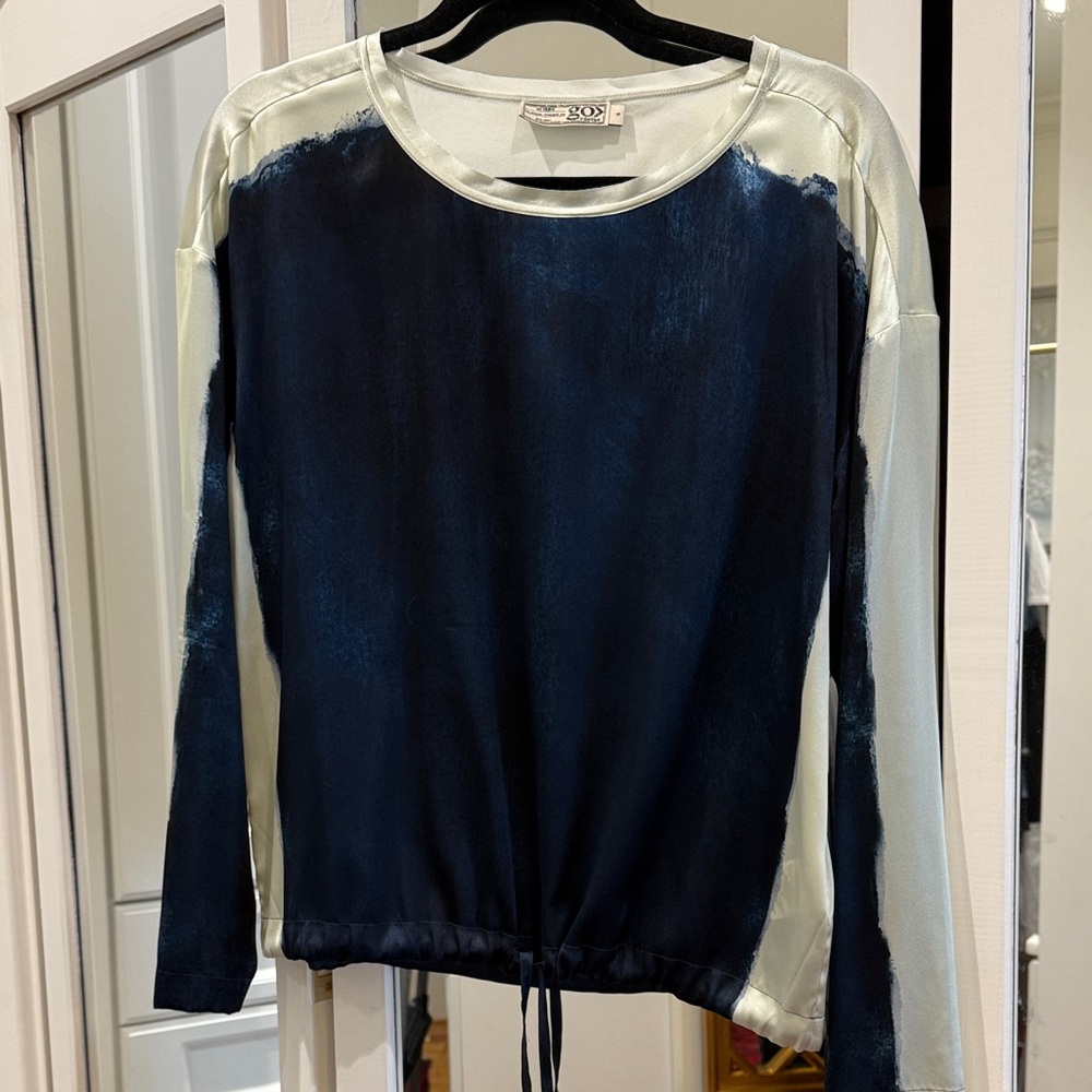 GO BY GO SILK Navy and Ivory Drawstring Pullover Blouse